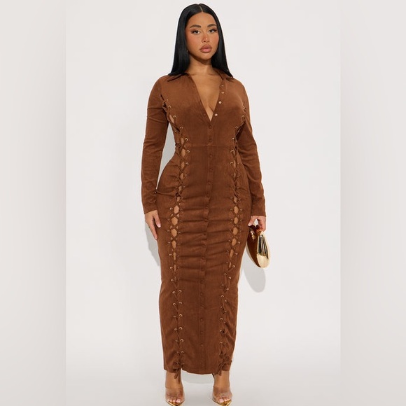 Fashion Nova Dresses & Skirts - New Fashion Nova  Luxe Suede Lace Up Boho Maxi Dress - Brown Size Small